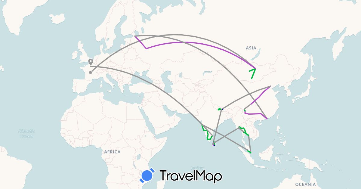 TravelMap itinerary: driving, bus, plane, train in China, France, Hong Kong, India, Sri Lanka, Myanmar (Burma), Mongolia, Malaysia, Nepal, Russia, Singapore, Thailand (Asia, Europe)